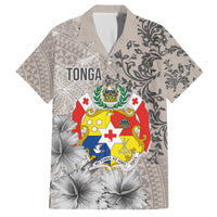 Tonga Culture Family Matching Puletasi and Hawaiian Shirt Ngatu Pattern and Blooming Hibiscus LT03 Dad's Shirt - Short Sleeve Light Gray - Polynesian Pride