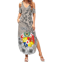 Tonga Culture Family Matching Summer Maxi Dress and Hawaiian Shirt Ngatu Pattern and Blooming Hibiscus LT03 Mom's Dress Light Gray - Polynesian Pride