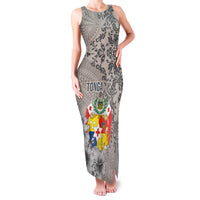 Tonga Culture Family Matching Tank Maxi Dress and Hawaiian Shirt Ngatu Pattern and Blooming Hibiscus LT03 Mom's Dress Light Gray - Polynesian Pride