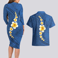 Polynesian Hibiscus and Plumeria with Tapa Pattern Couples Matching Long Sleeve Bodycon Dress and Hawaiian Shirt Blue Color LT03 - Polynesian Pride