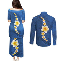 Polynesian Hibiscus and Plumeria with Tapa Pattern Couples Matching Puletasi and Long Sleeve Button Shirt Blue Color