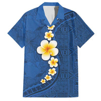 Polynesian Hibiscus and Plumeria with Tapa Pattern Family Matching Off Shoulder Maxi Dress and Hawaiian Shirt Blue Color LT03 Dad's Shirt - Short Sleeve Blue - Polynesian Pride