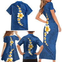 Polynesian Hibiscus and Plumeria with Tapa Pattern Family Matching Short Sleeve Bodycon Dress and Hawaiian Shirt Blue Color LT03 - Polynesian Pride