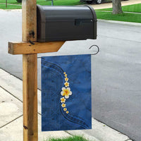 Polynesian Hibiscus and Plumeria with Tapa Pattern Garden Flag Blue Color