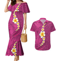 Polynesian Hibiscus and Plumeria with Tapa Pattern Couples Matching Mermaid Dress and Hawaiian Shirt Pink Color LT03 Pink - Polynesian Pride