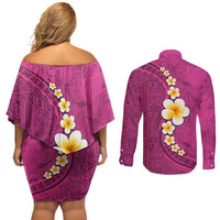 Polynesian Hibiscus and Plumeria with Tapa Pattern Couples Matching Off Shoulder Short Dress and Long Sleeve Button Shirt Pink Color LT03 - Polynesian Pride