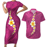 Polynesian Hibiscus and Plumeria with Tapa Pattern Couples Matching Short Sleeve Bodycon Dress and Hawaiian Shirt Pink Color LT03 Pink - Polynesian Pride