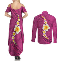 Polynesian Hibiscus and Plumeria with Tapa Pattern Couples Matching Summer Maxi Dress and Long Sleeve Button Shirt Pink Color LT03 - Polynesian Pride