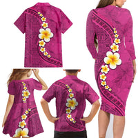 Polynesian Hibiscus and Plumeria with Tapa Pattern Family Matching Long Sleeve Bodycon Dress and Hawaiian Shirt Pink Color LT03 - Polynesian Pride