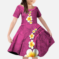 Polynesian Hibiscus and Plumeria with Tapa Pattern Family Matching Off The Shoulder Long Sleeve Dress and Hawaiian Shirt Pink Color LT03 Daughter's Dress Pink - Polynesian Pride