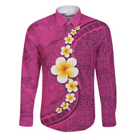 Polynesian Hibiscus and Plumeria with Tapa Pattern Family Matching Summer Maxi Dress and Hawaiian Shirt Pink Color LT03 Dad's Shirt - Long Sleeve Pink - Polynesian Pride