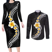 Pacific Hibiscus and Plumeria with Tapa Pattern Couples Matching Long Sleeve Bodycon Dress and Long Sleeve Button Shirt Black Color LT03 Black - Polynesian Pride