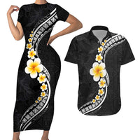 Pacific Hibiscus and Plumeria with Tapa Pattern Couples Matching Short Sleeve Bodycon Dress and Hawaiian Shirt Black Color LT03 Black - Polynesian Pride