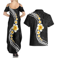Pacific Hibiscus and Plumeria with Tapa Pattern Couples Matching Summer Maxi Dress and Hawaiian Shirt Black Color LT03 - Polynesian Pride