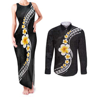 Pacific Hibiscus and Plumeria with Tapa Pattern Couples Matching Tank Maxi Dress and Long Sleeve Button Shirt Black Color