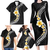 Pacific Hibiscus and Plumeria with Tapa Pattern Family Matching Long Sleeve Bodycon Dress and Hawaiian Shirt Black Color LT03 - Polynesian Pride