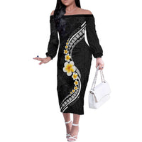 Pacific Hibiscus and Plumeria with Tapa Pattern Family Matching Off The Shoulder Long Sleeve Dress and Hawaiian Shirt Black Color LT03 Mom's Dress Black - Polynesian Pride