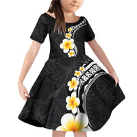 Pacific Hibiscus and Plumeria with Tapa Pattern Family Matching Off Shoulder Short Dress and Hawaiian Shirt Black Color LT03 Daughter's Dress Black - Polynesian Pride