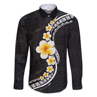 Pacific Hibiscus and Plumeria with Tapa Pattern Family Matching Puletasi and Hawaiian Shirt Black Color LT03 Dad's Shirt - Long Sleeve Black - Polynesian Pride