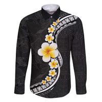 Pacific Hibiscus and Plumeria with Tapa Pattern Family Matching Summer Maxi Dress and Hawaiian Shirt Black Color LT03 Dad's Shirt - Long Sleeve Black - Polynesian Pride