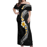 Pacific Hibiscus and Plumeria with Tapa Pattern Off Shoulder Maxi Dress Black Color