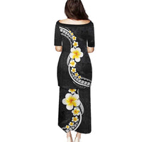 Pacific Hibiscus and Plumeria with Tapa Pattern Puletasi Black Color