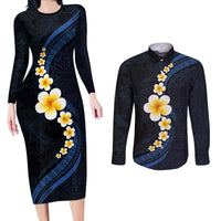 Pacific Hibiscus and Plumeria with Tapa Pattern Couples Matching Long Sleeve Bodycon Dress and Long Sleeve Button Shirt Dark Blue Color LT03 Blue - Polynesian Pride