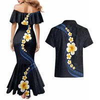 Pacific Hibiscus and Plumeria with Tapa Pattern Couples Matching Mermaid Dress and Hawaiian Shirt Dark Blue Color LT03 - Polynesian Pride