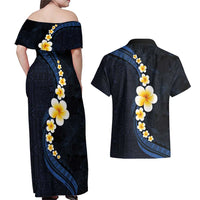 Pacific Hibiscus and Plumeria with Tapa Pattern Couples Matching Off Shoulder Maxi Dress and Hawaiian Shirt Dark Blue Color LT03 - Polynesian Pride