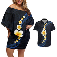Pacific Hibiscus and Plumeria with Tapa Pattern Couples Matching Off Shoulder Short Dress and Hawaiian Shirt Dark Blue Color LT03 Blue - Polynesian Pride