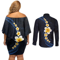 Pacific Hibiscus and Plumeria with Tapa Pattern Couples Matching Off Shoulder Short Dress and Long Sleeve Button Shirt Dark Blue Color