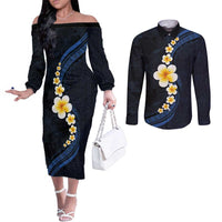 Pacific Hibiscus and Plumeria with Tapa Pattern Couples Matching Off The Shoulder Long Sleeve Dress and Long Sleeve Button Shirt Dark Blue Color LT03 Blue - Polynesian Pride