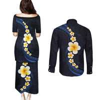 Pacific Hibiscus and Plumeria with Tapa Pattern Couples Matching Puletasi and Long Sleeve Button Shirt Dark Blue Color