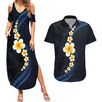 Pacific Hibiscus and Plumeria with Tapa Pattern Couples Matching Summer Maxi Dress and Hawaiian Shirt Dark Blue Color LT03 Blue - Polynesian Pride