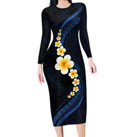 Pacific Hibiscus and Plumeria with Tapa Pattern Family Matching Long Sleeve Bodycon Dress and Hawaiian Shirt Dark Blue Color LT03 Mom's Dress Blue - Polynesian Pride