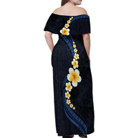 Pacific Hibiscus and Plumeria with Tapa Pattern Family Matching Off Shoulder Maxi Dress and Hawaiian Shirt Dark Blue Color LT03 - Polynesian Pride