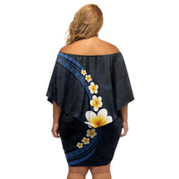 Pacific Hibiscus and Plumeria with Tapa Pattern Family Matching Off Shoulder Short Dress and Hawaiian Shirt Dark Blue Color LT03 - Polynesian Pride