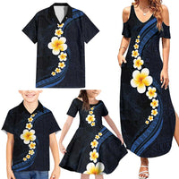 Pacific Hibiscus and Plumeria with Tapa Pattern Family Matching Summer Maxi Dress and Hawaiian Shirt Dark Blue Color LT03 - Polynesian Pride