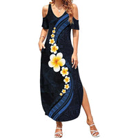 Pacific Hibiscus and Plumeria with Tapa Pattern Family Matching Summer Maxi Dress and Hawaiian Shirt Dark Blue Color LT03 Mom's Dress Blue - Polynesian Pride