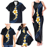 Pacific Hibiscus and Plumeria with Tapa Pattern Family Matching Tank Maxi Dress and Hawaiian Shirt Dark Blue Color LT03 - Polynesian Pride