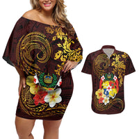 Tonga Ngatu and Hibiscus with Polynesian Tattoo Couples Matching Off Shoulder Short Dress and Hawaiian Shirt Gold and Oxblood Color LT03 Oxblood - Polynesian Pride