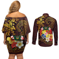 Tonga Ngatu and Hibiscus with Polynesian Tattoo Couples Matching Off Shoulder Short Dress and Long Sleeve Button Shirt Gold and Oxblood Color LT03 - Polynesian Pride