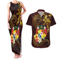 Tonga Ngatu and Hibiscus with Polynesian Tattoo Couples Matching Tank Maxi Dress and Hawaiian Shirt Gold and Oxblood Color LT03 Oxblood - Polynesian Pride