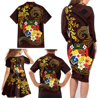 Tonga Ngatu and Hibiscus with Polynesian Tattoo Family Matching Long Sleeve Bodycon Dress and Hawaiian Shirt Gold and Oxblood Color LT03 - Polynesian Pride