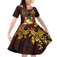 Tonga Ngatu and Hibiscus with Polynesian Tattoo Family Matching Off Shoulder Short Dress and Hawaiian Shirt Gold and Oxblood Color LT03 Daughter's Dress Oxblood - Polynesian Pride