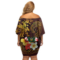Tonga Ngatu and Hibiscus with Polynesian Tattoo Family Matching Off Shoulder Short Dress and Hawaiian Shirt Gold and Oxblood Color LT03 - Polynesian Pride