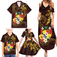 Tonga Ngatu and Hibiscus with Polynesian Tattoo Family Matching Summer Maxi Dress and Hawaiian Shirt Gold and Oxblood Color LT03 - Polynesian Pride