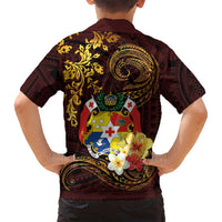 Tonga Ngatu and Hibiscus with Polynesian Tattoo Family Matching Tank Maxi Dress and Hawaiian Shirt Gold and Oxblood Color LT03 - Polynesian Pride
