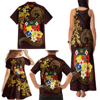 Tonga Ngatu and Hibiscus with Polynesian Tattoo Family Matching Tank Maxi Dress and Hawaiian Shirt Gold and Oxblood Color LT03 - Polynesian Pride