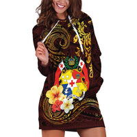 Tonga Ngatu and Hibiscus with Polynesian Tattoo Hoodie Dress Gold and Oxblood Color LT03 Oxblood - Polynesian Pride